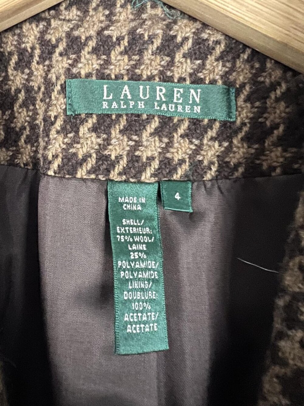 Vintage houndstooth tweed cropped jacket brown Lauren Ralph Lauren classic retro - Picture 7 of 8